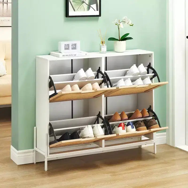 Meuble à chaussures en rotin Black+Oak / Chêne / Chêne Blanc avec 4 tiroirs à abattant, autoportant, capacité de 18 paires