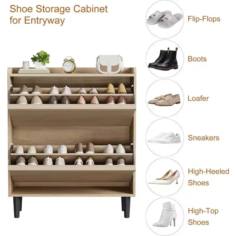 Meuble à chaussures 2 tiroirs à abattant – Blanc antique / Noir / Gris / Bois naturel | Peut contenir 24 paires | Pour 1 à 2 personnes