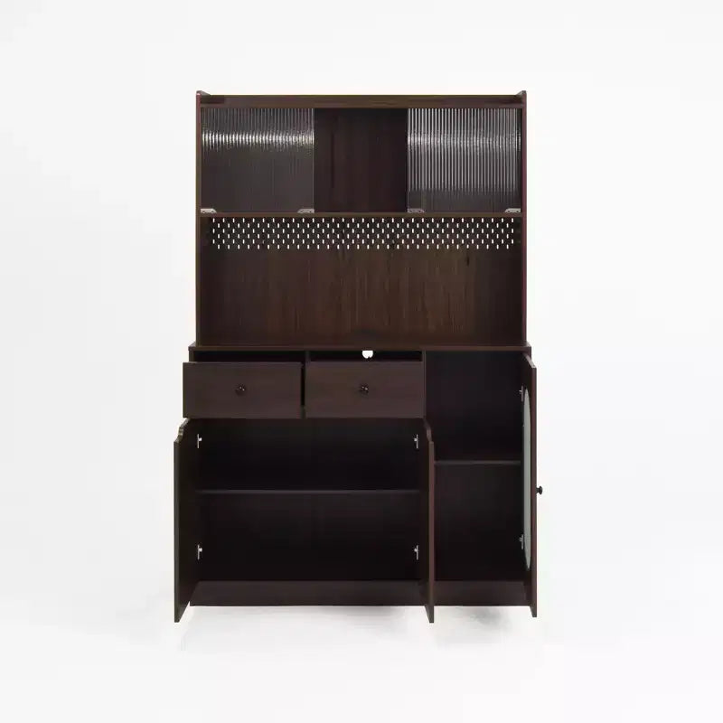 Armoire de cuisine noire/noyer de 180 cm avec portes vitrées et support pour micro-ondes – Assemblage par 2 personnes