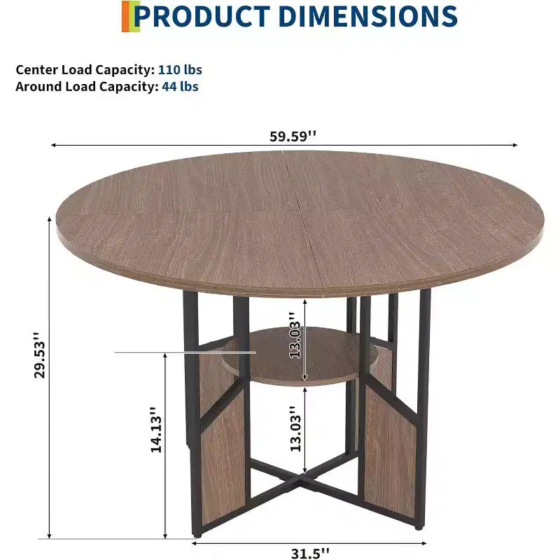 Table à manger ronde de 151,4 cm pour 4 à 6 personnes, Noyer / Bois et Noir, Style industriel moderne, Étagère de rangement