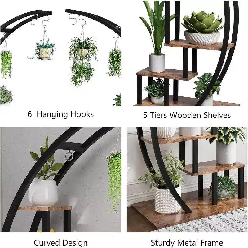 Support à plantes demi-lune à 5 niveaux en métal noir/marron avec 4 crochets de suspension