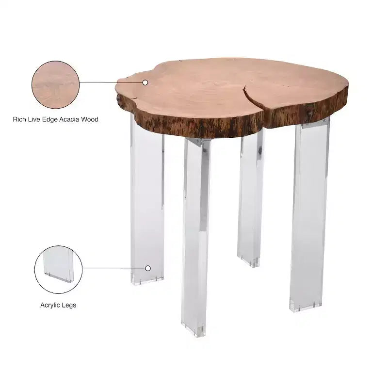 Table d'appoint en bois d'acacia à bord naturel marron, pieds en acrylique transparent