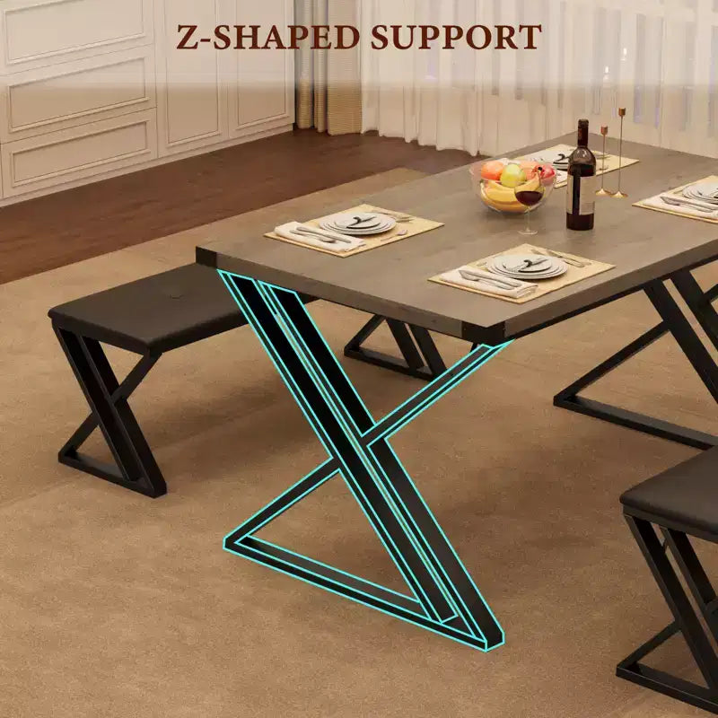 Ensemble de table à manger 3 pièces marron/gris avec 2 bancs, 4 places