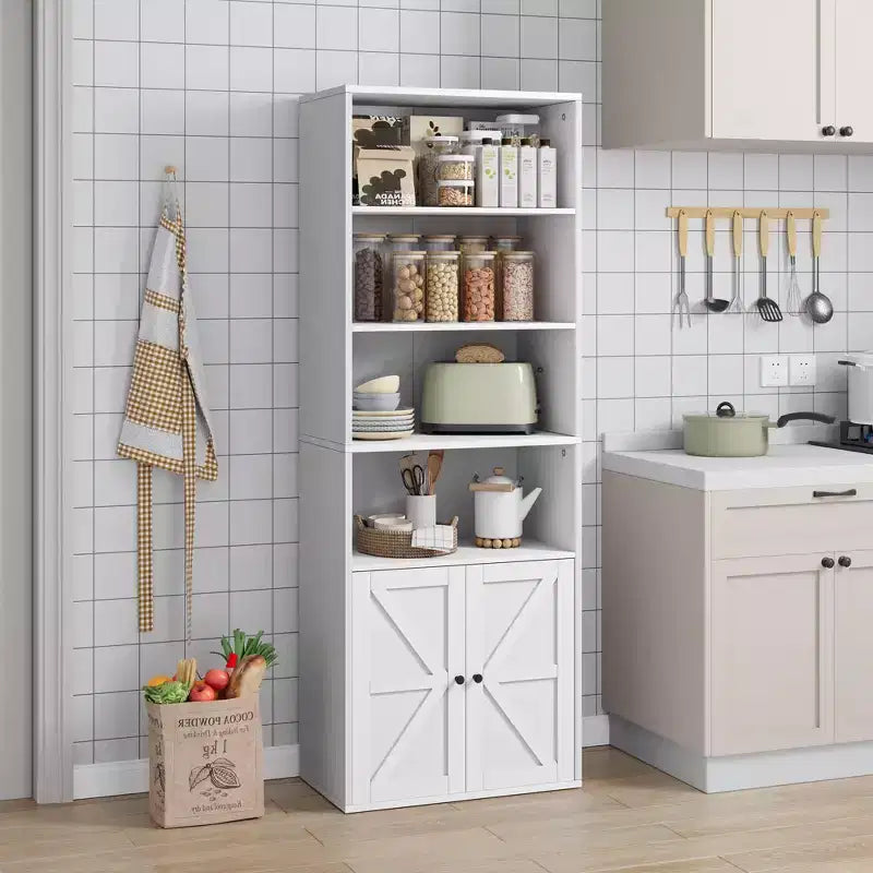 Bibliothèque à 6 niveaux avec porte coulissante style grange, style ferme, 181,4 cm H – Noir / Chêne foncé / Gris / Couleur rétro / Blanc