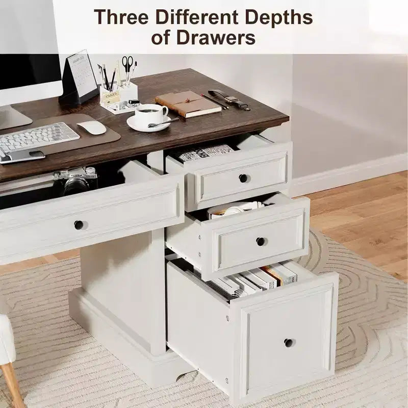 Bureau d'ordinateur de ferme 60 po avec tiroirs et armoire – Noir / Marron / Blanc, un utilisateur