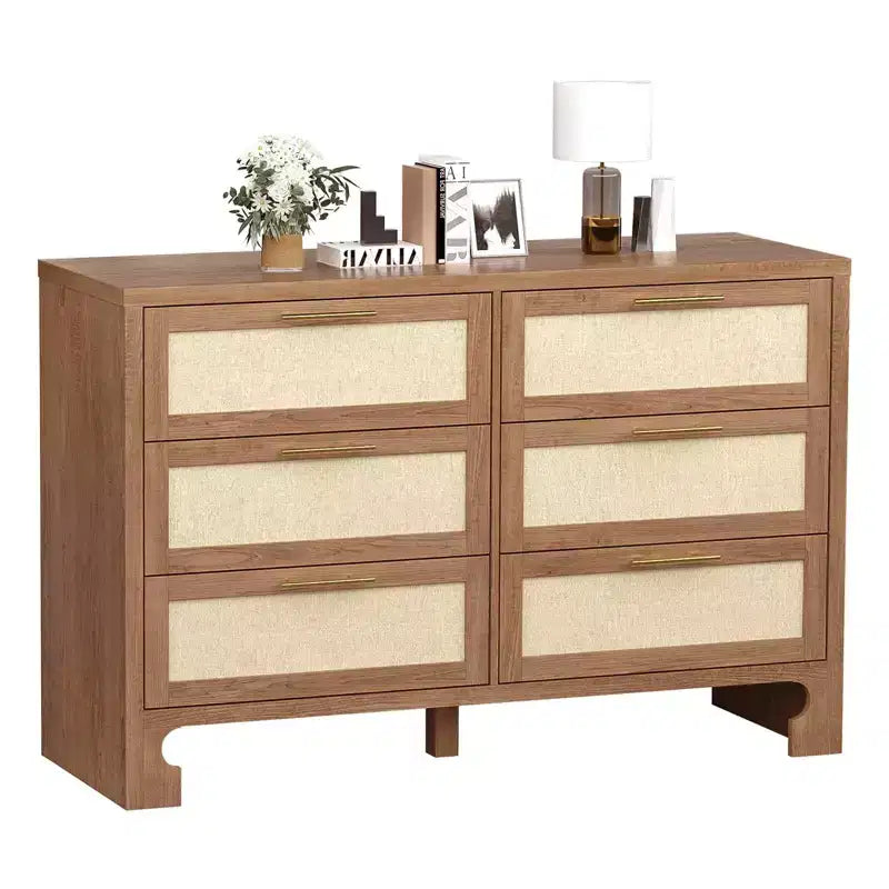 Commode 6 tiroirs brune, style lin de jute, usage individuel