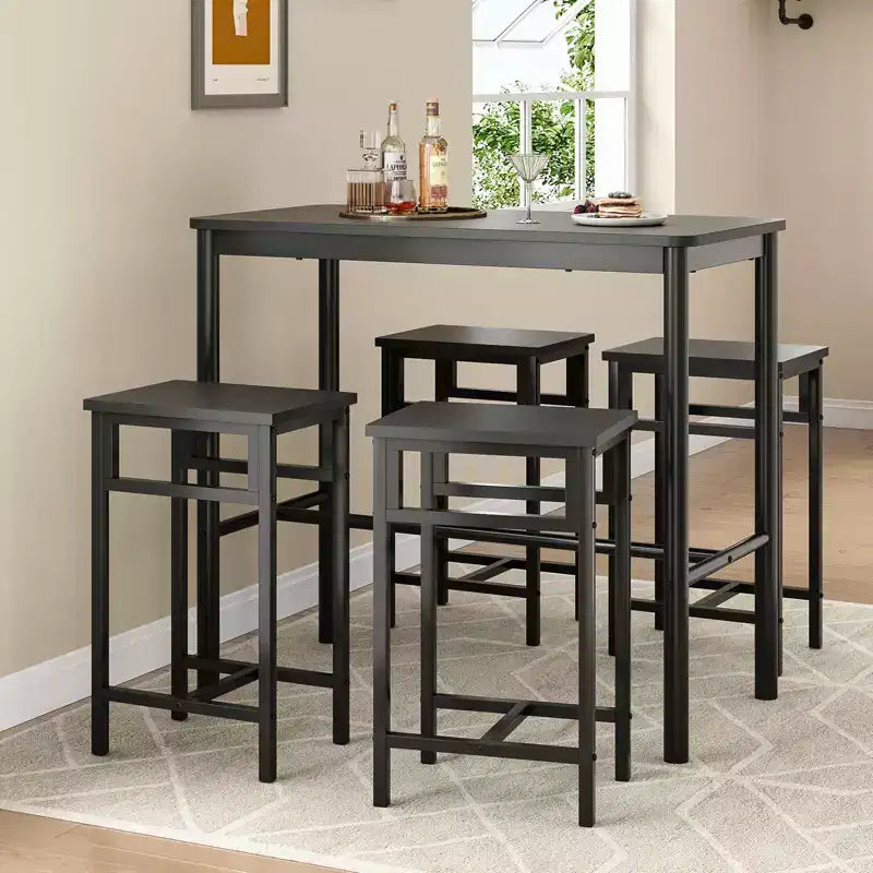 Table de bar rectangulaire noire, hauteur comptoir, 4 places