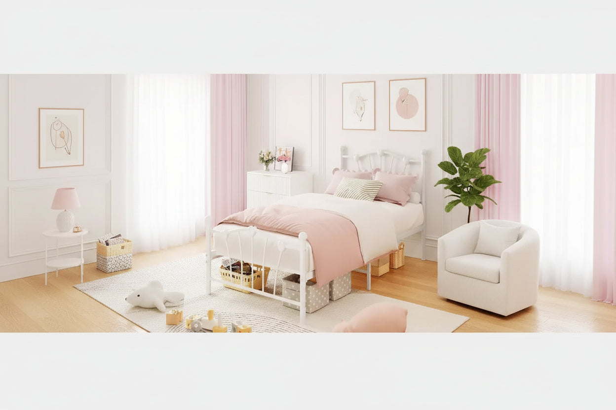 Acekool Twin Heart Shaped Metal Bed Frame, Platform with Headboard, Footboard, Sturdy Slat Support, Underbed Storage, No Box Spring Needed, White