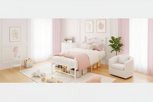 Acekool Twin Heart Shaped Metal Bed Frame, Platform with Headboard, Footboard, Sturdy Slat Support, Underbed Storage, No Box Spring Needed, White