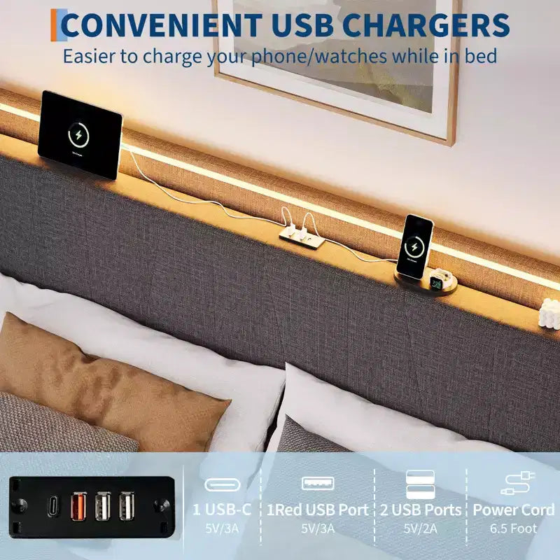 Cadre de lit plateforme capitonné gris avec tête de lit LED et ports USB, double/grand