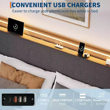 Cadre de lit plateforme capitonné gris avec tête de lit LED et ports USB, double/grand