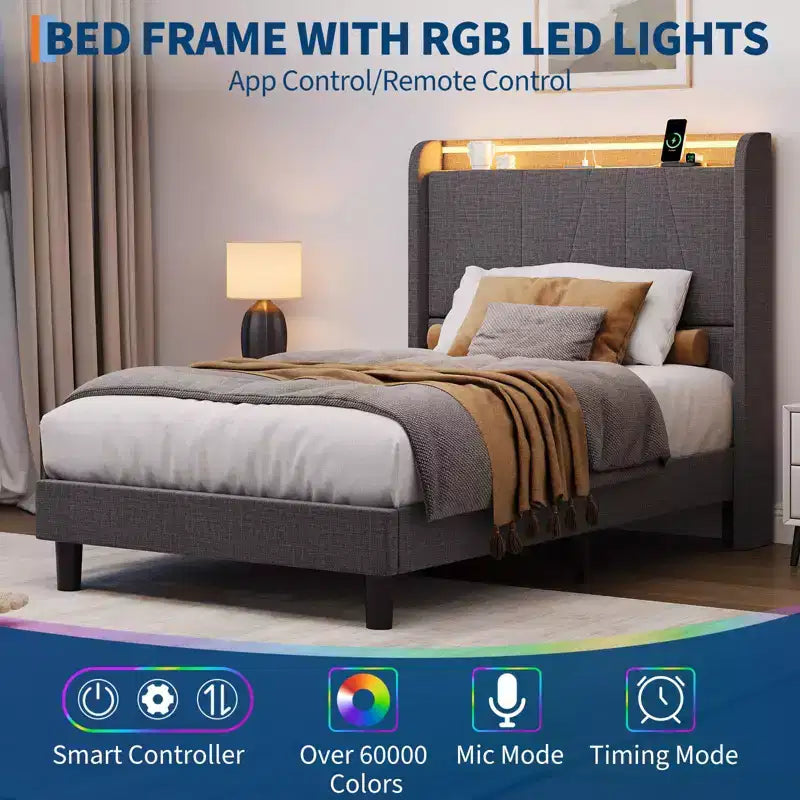 Cadre de lit plateforme capitonné gris avec tête de lit LED et ports USB, double/grand