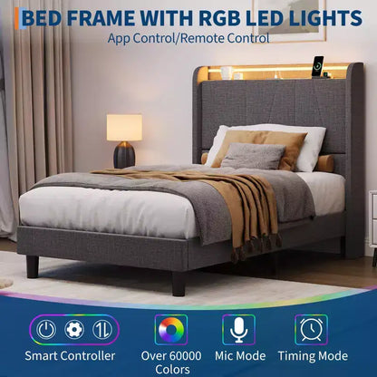 Cadre de lit plateforme capitonné gris avec tête de lit LED et ports USB, double/grand