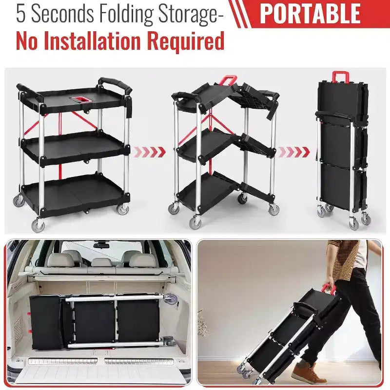 Chariot utilitaire pliant à 3 niveaux argenté, utilisation par 1 personne