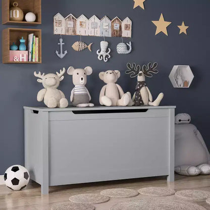 Coffre à jouets avec couvercle à charnière de sécurité, Marron / Gris / Blanc, pour les 2 ans et plus