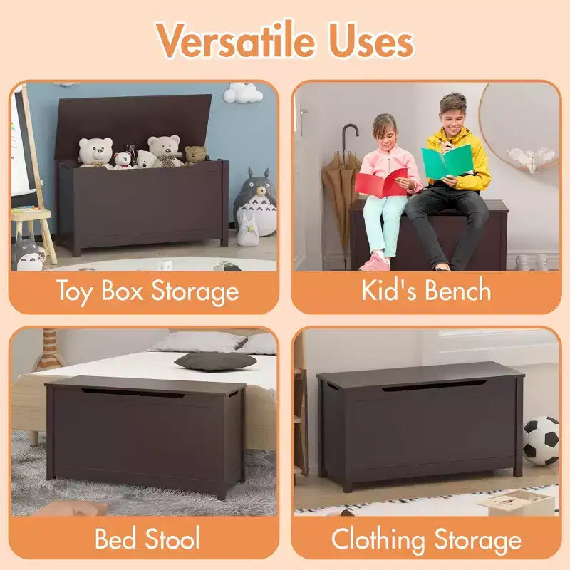 Coffre à jouets avec couvercle à charnière de sécurité, Marron / Gris / Blanc, pour les 2 ans et plus
