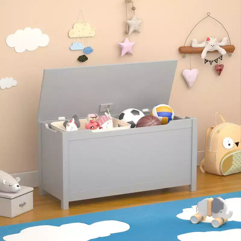 Coffre à jouets avec couvercle à charnière de sécurité, Marron / Gris / Blanc, pour les 2 ans et plus