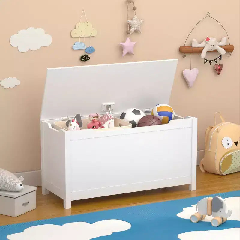 Coffre à jouets avec couvercle à charnière de sécurité, Marron / Gris / Blanc, pour les 2 ans et plus