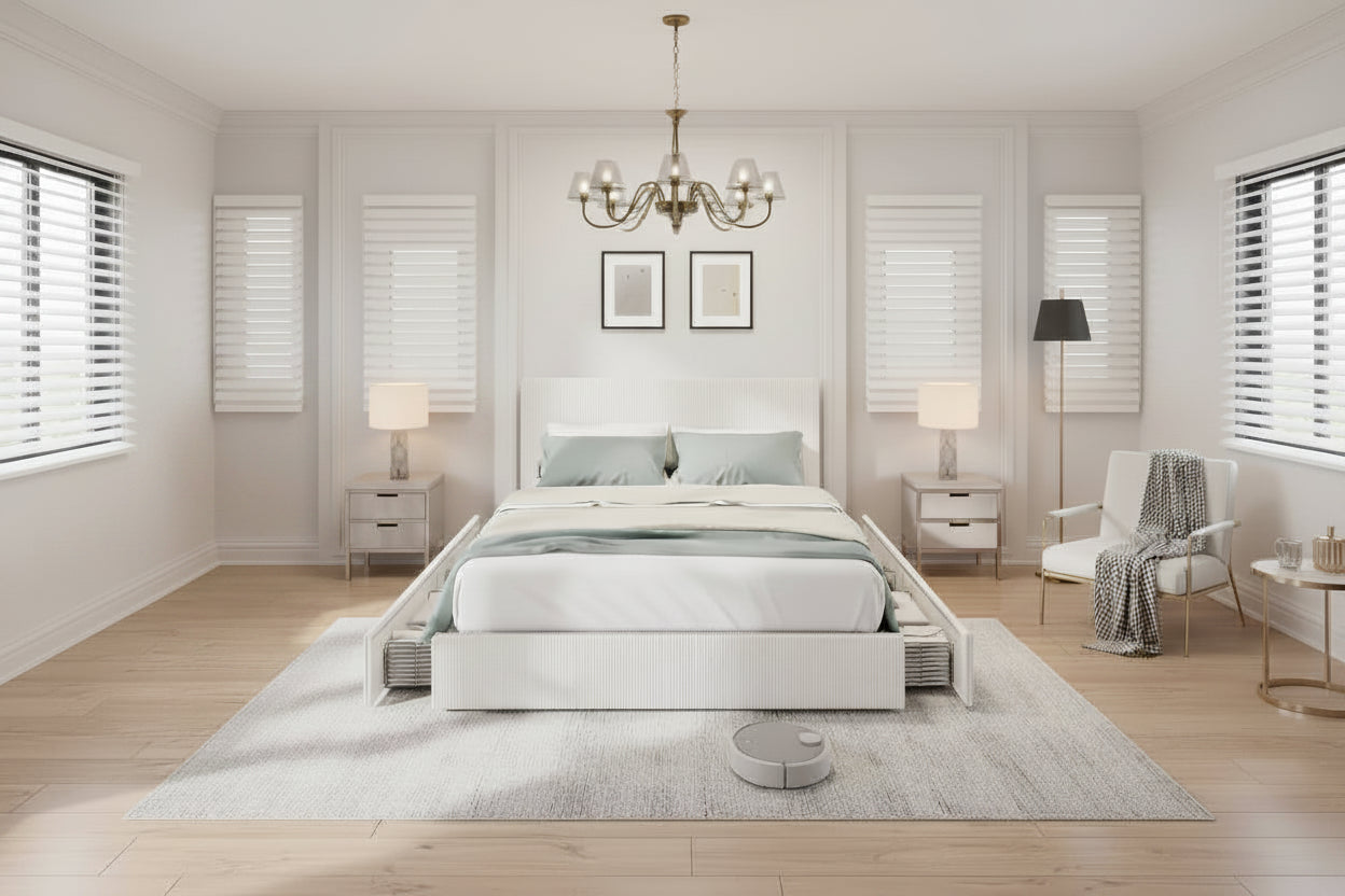 Bed Frame with 4 Storage Drawers, Platform Bed Frame with Upholstered Channel Tufted Headboard, Strong Wooden Slats Support, No Box Spring Needed