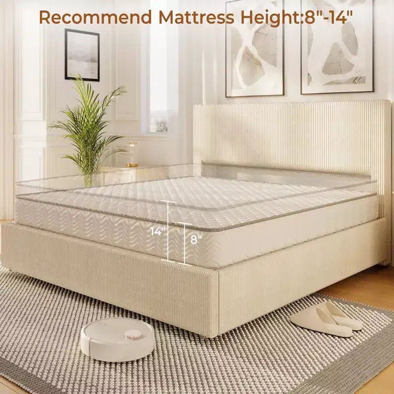 Lit plateforme King gris, tête de lit capitonnée, 4 tiroirs de rangement, pour 2 personnes