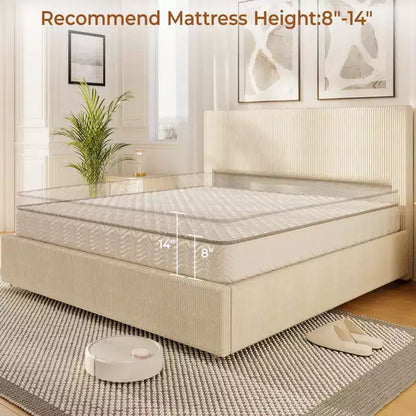 Lit plateforme King gris, tête de lit capitonnée, 4 tiroirs de rangement, pour 2 personnes