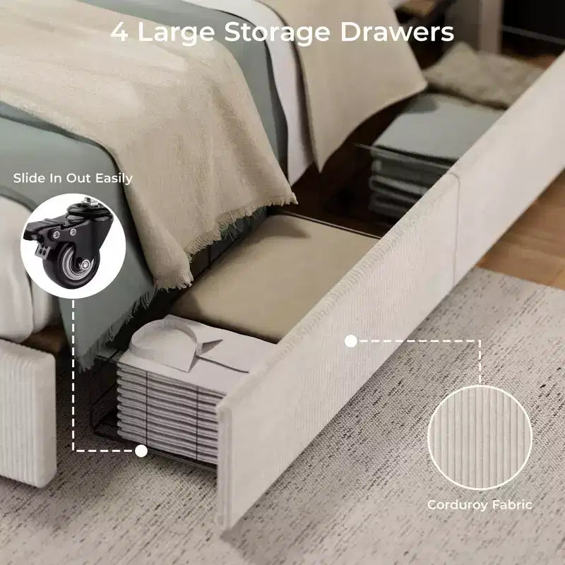 Lit plateforme King gris, tête de lit capitonnée, 4 tiroirs de rangement, pour 2 personnes