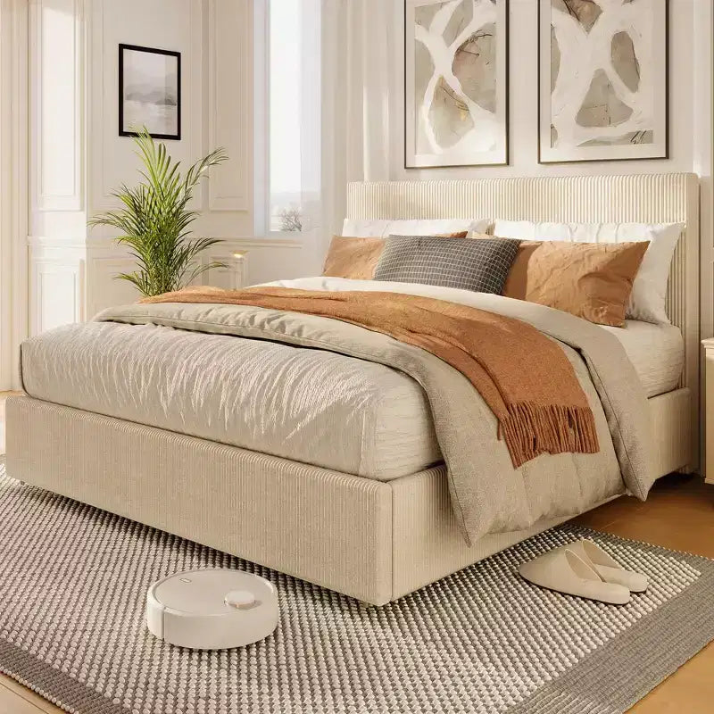 Lit plateforme King gris, tête de lit capitonnée, 4 tiroirs de rangement, pour 2 personnes
