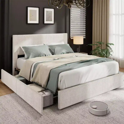 Lit plateforme King gris, tête de lit capitonnée, 4 tiroirs de rangement, pour 2 personnes