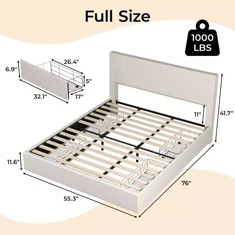 Lit plateforme King gris, tête de lit capitonnée, 4 tiroirs de rangement, pour 2 personnes