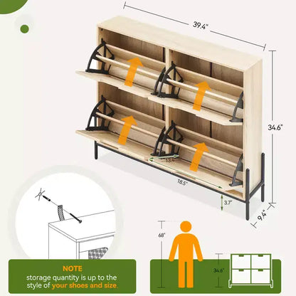 Meuble à chaussures en rotin Black+Oak / Chêne / Chêne Blanc avec 4 tiroirs à abattant, autoportant, capacité de 18 paires