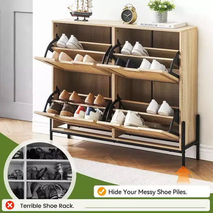 Meuble à chaussures en rotin Black+Oak / Chêne / Chêne Blanc avec 4 tiroirs à abattant, autoportant, capacité de 18 paires
