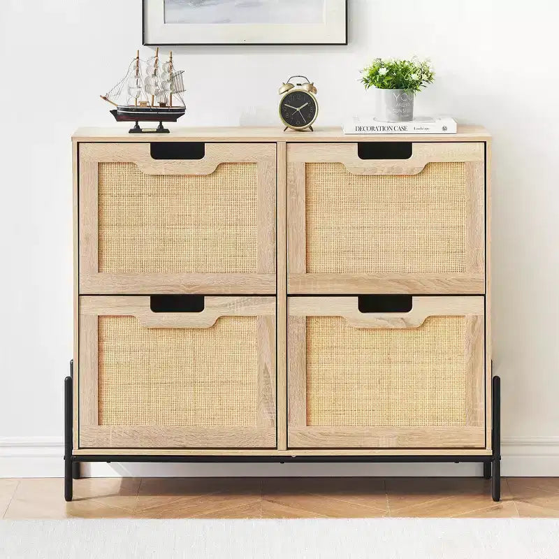 Meuble à chaussures en rotin Black+Oak / Chêne / Chêne Blanc avec 4 tiroirs à abattant, autoportant, capacité de 18 paires