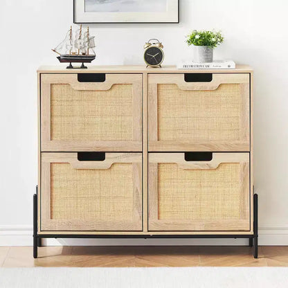 Meuble à chaussures en rotin Black+Oak / Chêne / Chêne Blanc avec 4 tiroirs à abattant, autoportant, capacité de 18 paires