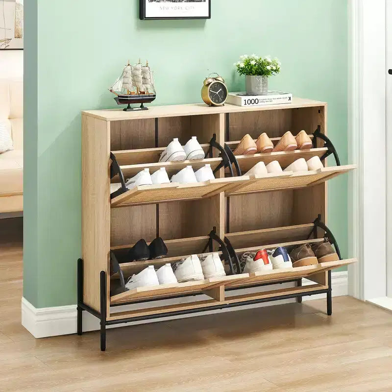 Meuble à chaussures en rotin Black+Oak / Chêne / Chêne Blanc avec 4 tiroirs à abattant, autoportant, capacité de 18 paires
