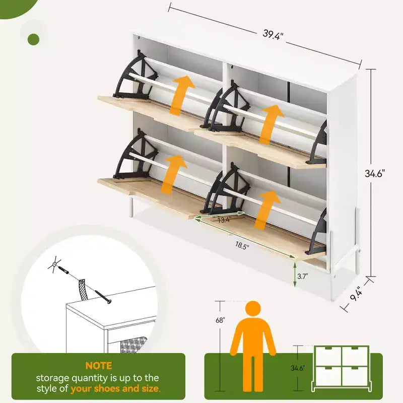 Meuble à chaussures en rotin Black+Oak / Chêne / Chêne Blanc avec 4 tiroirs à abattant, autoportant, capacité de 18 paires