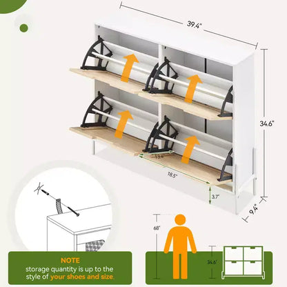 Meuble à chaussures en rotin Black+Oak / Chêne / Chêne Blanc avec 4 tiroirs à abattant, autoportant, capacité de 18 paires