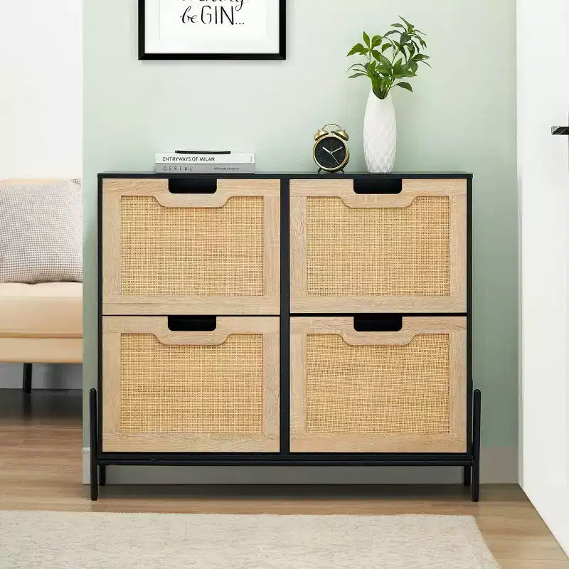 Meuble à chaussures en rotin Black+Oak / Chêne / Chêne Blanc avec 4 tiroirs à abattant, autoportant, capacité de 18 paires