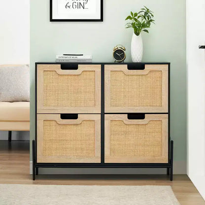 Meuble à chaussures en rotin Black+Oak / Chêne / Chêne Blanc avec 4 tiroirs à abattant, autoportant, capacité de 18 paires
