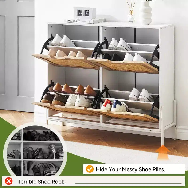 Meuble à chaussures en rotin Black+Oak / Chêne / Chêne Blanc avec 4 tiroirs à abattant, autoportant, capacité de 18 paires
