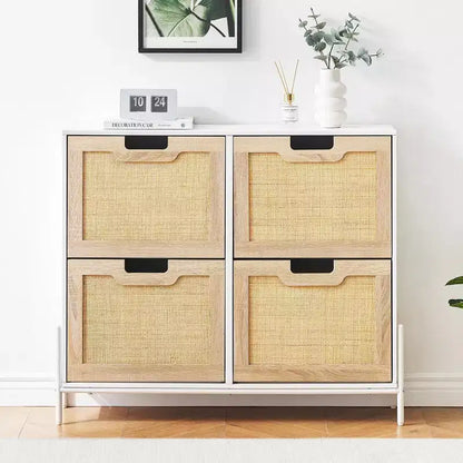 Meuble à chaussures en rotin Black+Oak / Chêne / Chêne Blanc avec 4 tiroirs à abattant, autoportant, capacité de 18 paires