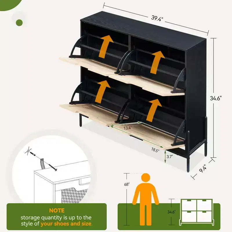 Meuble à chaussures en rotin Black+Oak / Chêne / Chêne Blanc avec 4 tiroirs à abattant, autoportant, capacité de 18 paires
