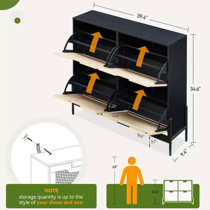 Meuble à chaussures en rotin Black+Oak / Chêne / Chêne Blanc avec 4 tiroirs à abattant, autoportant, capacité de 18 paires