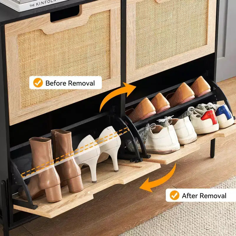 Meuble à chaussures en rotin Black+Oak / Chêne / Chêne Blanc avec 4 tiroirs à abattant, autoportant, capacité de 18 paires