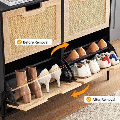 Meuble à chaussures en rotin Black+Oak / Chêne / Chêne Blanc avec 4 tiroirs à abattant, autoportant, capacité de 18 paires
