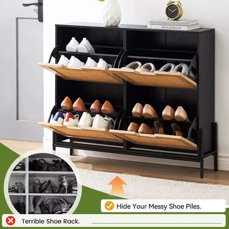 Meuble à chaussures en rotin Black+Oak / Chêne / Chêne Blanc avec 4 tiroirs à abattant, autoportant, capacité de 18 paires
