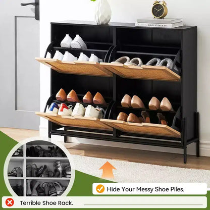 Meuble à chaussures en rotin Black+Oak / Chêne / Chêne Blanc avec 4 tiroirs à abattant, autoportant, capacité de 18 paires