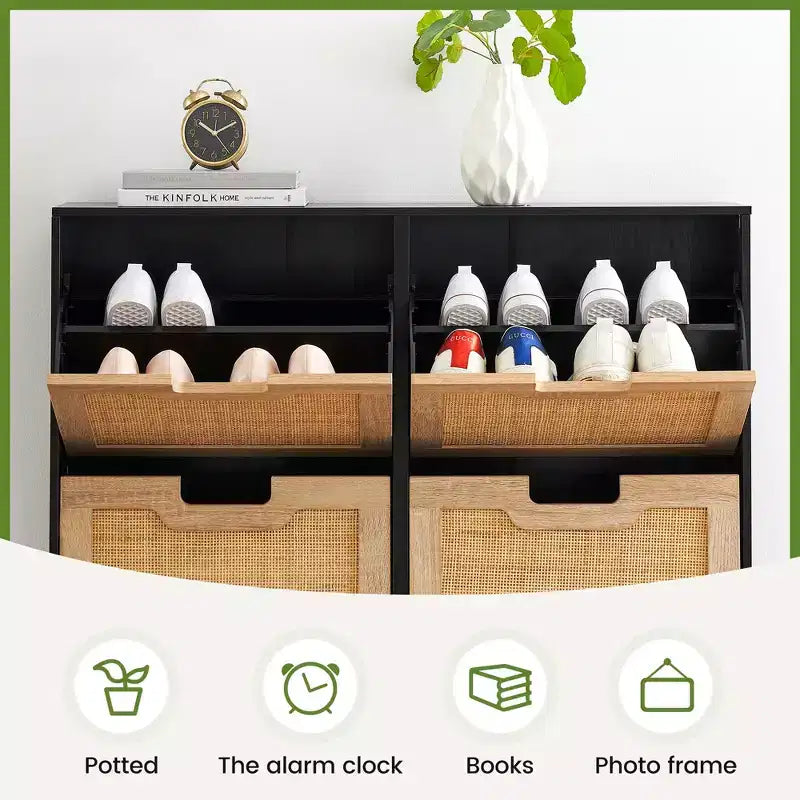 Meuble à chaussures en rotin Black+Oak / Chêne / Chêne Blanc avec 4 tiroirs à abattant, autoportant, capacité de 18 paires