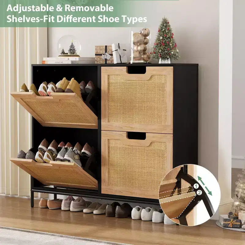 Meuble à chaussures en rotin Black+Oak / Chêne / Chêne Blanc avec 4 tiroirs à abattant, autoportant, capacité de 18 paires