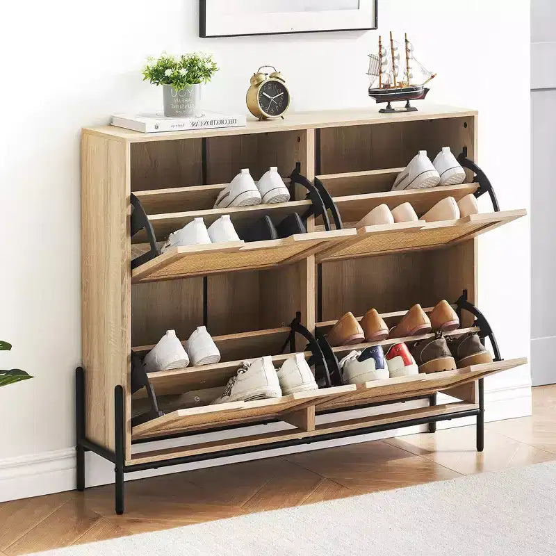 Meuble à chaussures en rotin Black+Oak / Chêne / Chêne Blanc avec 4 tiroirs à abattant, autoportant, capacité de 18 paires