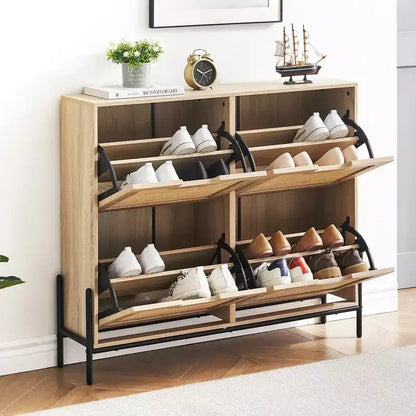 Meuble à chaussures en rotin Black+Oak / Chêne / Chêne Blanc avec 4 tiroirs à abattant, autoportant, capacité de 18 paires